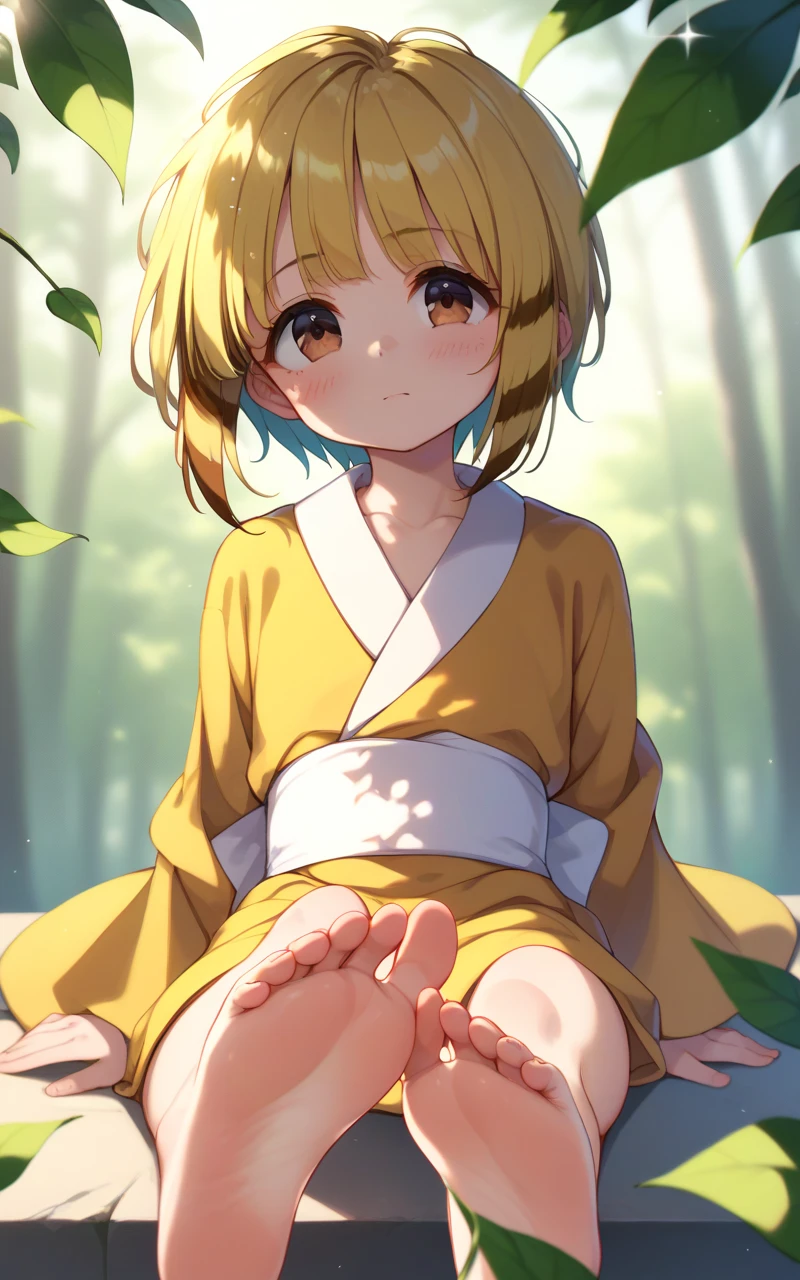 nyan2, 1girl, solo, <lora:sdxl-myk-nyan2-pony:0.9>, brown eyes, multicolored hair, yellow hair, short hair, long sideburns +++ yellow kimono, white obi, gourd on back +++ Blushing, +++ Sitting, wariza ,foot focus (focus sole of foot), looking up, upper body, contrapposto, dynamic pose, cinematic lighting, :3, daytime, warm light sunset, rays light, sparkles, lens flare, deep shadows, depth of field, peerless, sentimental, morning haze, forest, , , floating hair, florting leaves blooma