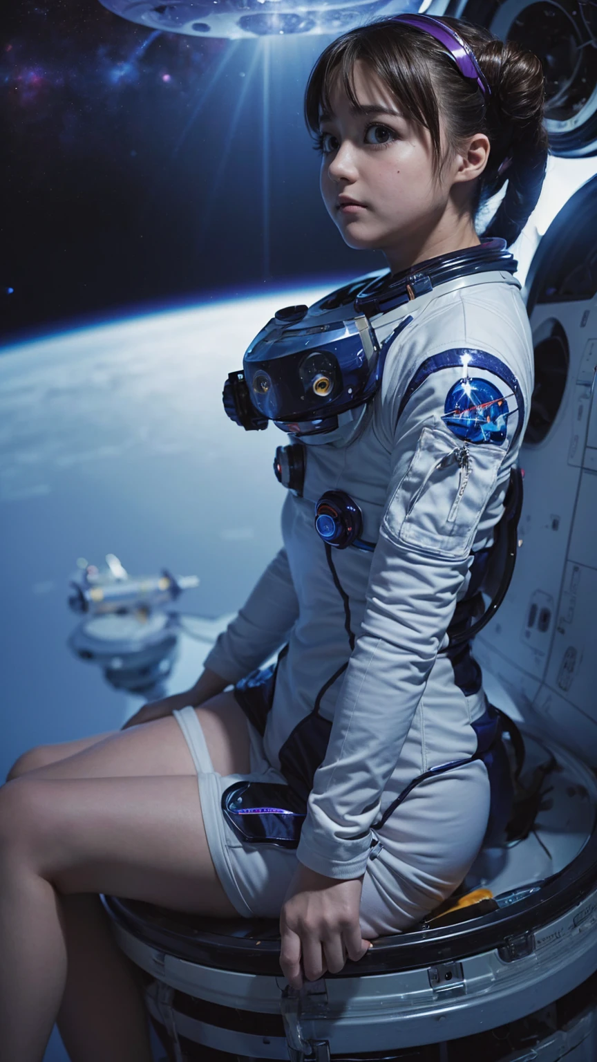 smile、Staring at the audience、Spaceman in space suit sitting in spaceship cockpit,wear spacesuits, Dressed in an astronaut costume, Cute girl in a tank top, girl in space, In space, Dressed in an astronaut costume, woman astronaut, Sitting on a chair with legs spread、