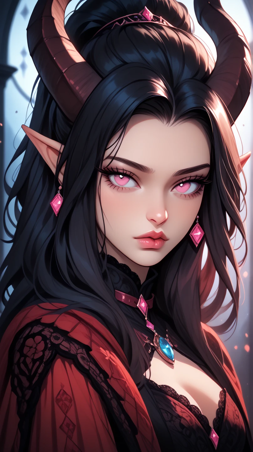 ((Best quality)), ((masterpiece)), (detailed: 1.3)

Beautiful woman, one girl, very detailed eyes, very detailed hair, very detailed clothes, very detailed face, 20 years old girl

((Red eyes)), ((glowing eyes)), ((black hair)), straight hair, medusa hairstyle)), ((elf ears)), heart earrings, piercing, tanned skin, ((black latex dress)), large breasts, cleavage, thick ass, choker, heart necklace, beautiful eyelashes, eyeliner, sultry eyes, juicy lips, soft blush, smooth skin, freckles, natural eyebrows. 

Posing sexily, looking at viewer, in love with viewer, making a silly face, cinematic lights, bedroom, dimmed lights, showing only face and upper body. 