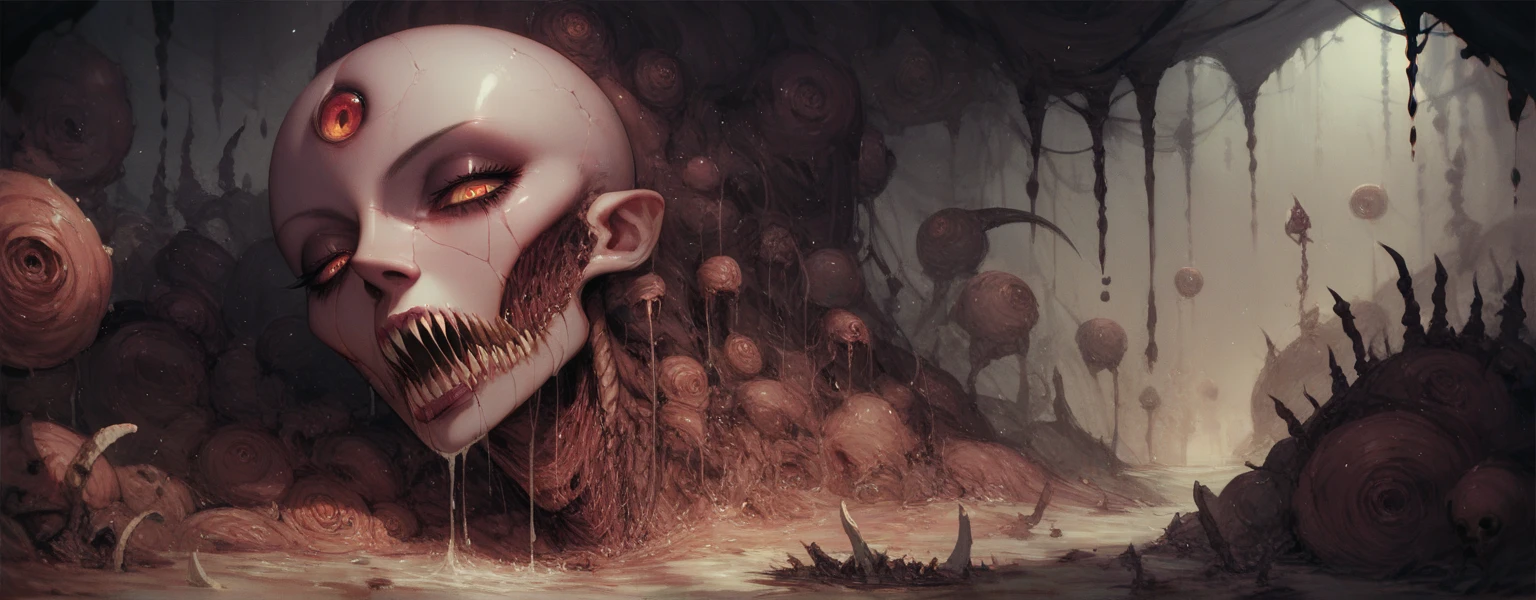art horror by Apterus. disturbing art, a horror ugly head with rotten fruits, flowers on face, porcelain skin, face are torn, eyes are deformed, mouth closed. against the background of hell, gloomy illumination. Art by James W Johnson. Apterus creepy anatomy