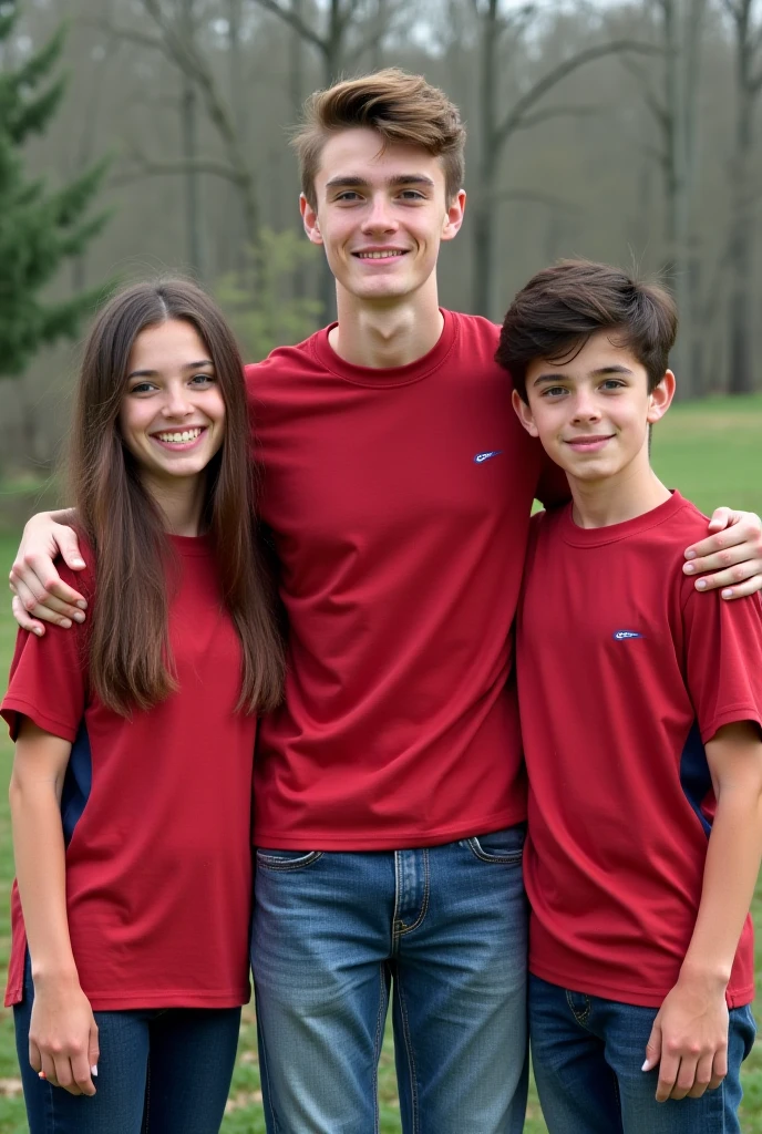 4 teenage friends of 13 years old, ready for a photo, during the day, in a beautiful landscape, there are 3 men and 1 woman