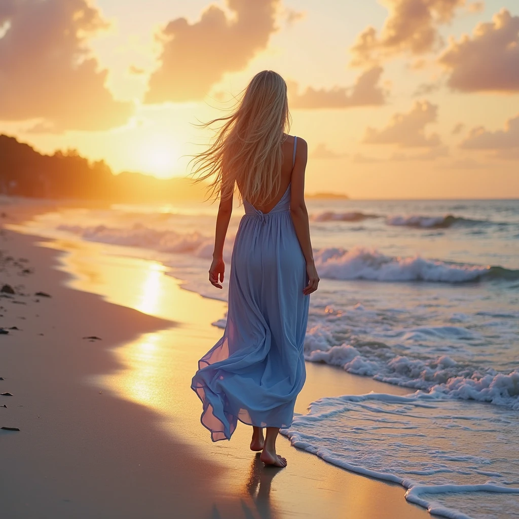 Beautiful beach at sunset、Goddess like a model、Beautiful blonde god々Angel、Perfect slim style、Perfect good looks、Sheer white clothes with a lot of exposure、Island in the distance