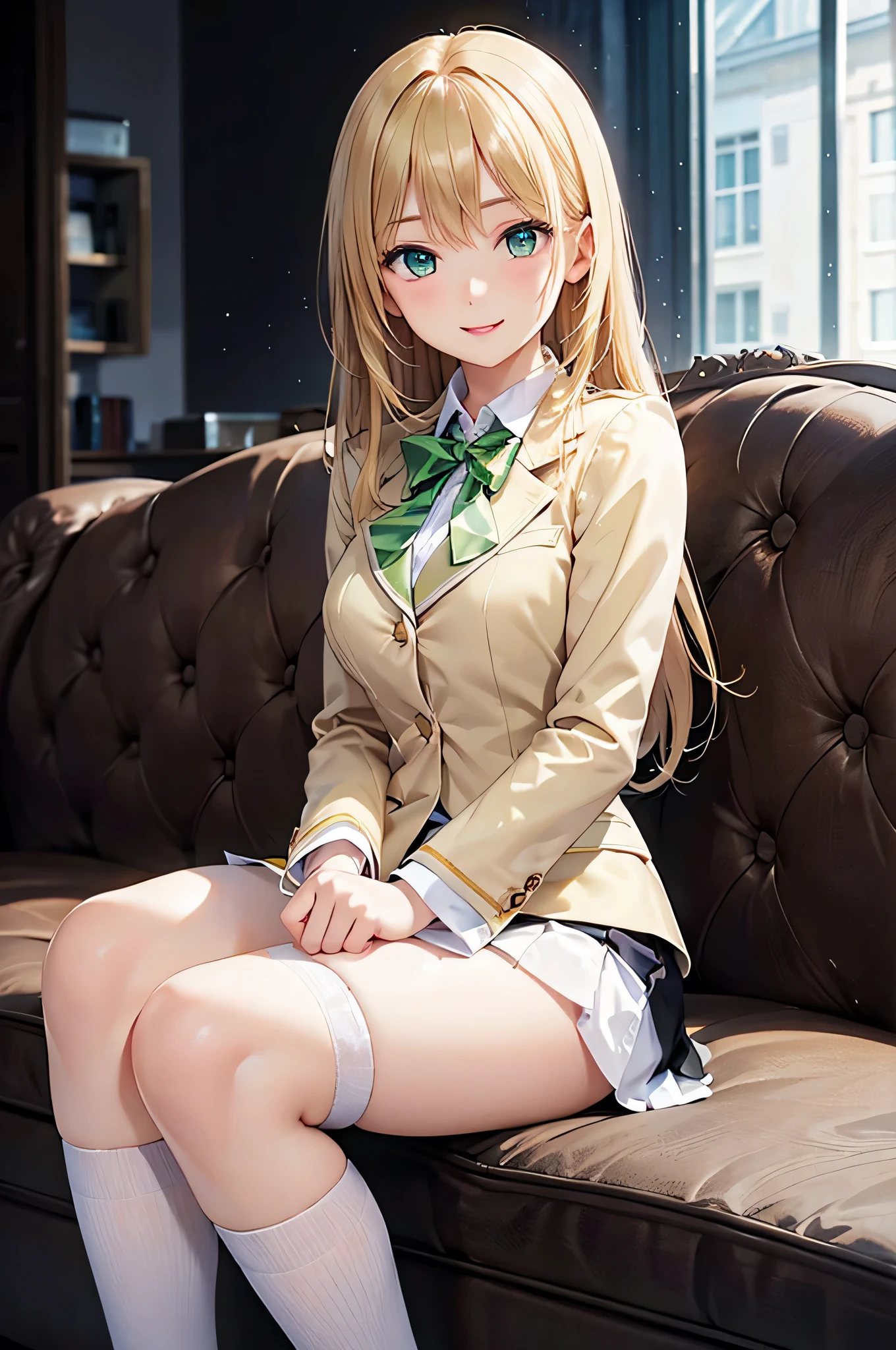 (masterpiece:1.2, Highest quality), (live-action, Intricate details), 1 Female, alone, Upper Body, Show off your legs, Sitting, School, School settings, Long Hair, Minimal makeup, Detailed face, smile, Very long platinum blonde hair, bangs, Hair between the eyes, Green Eyes, Large plump breasts, Big Breasts, Big Ass, software, Clothes, Slytherin, Slytherin Clothes, Hogwarts, Hogwarts clothing, (School classroom), (Face close-up)
