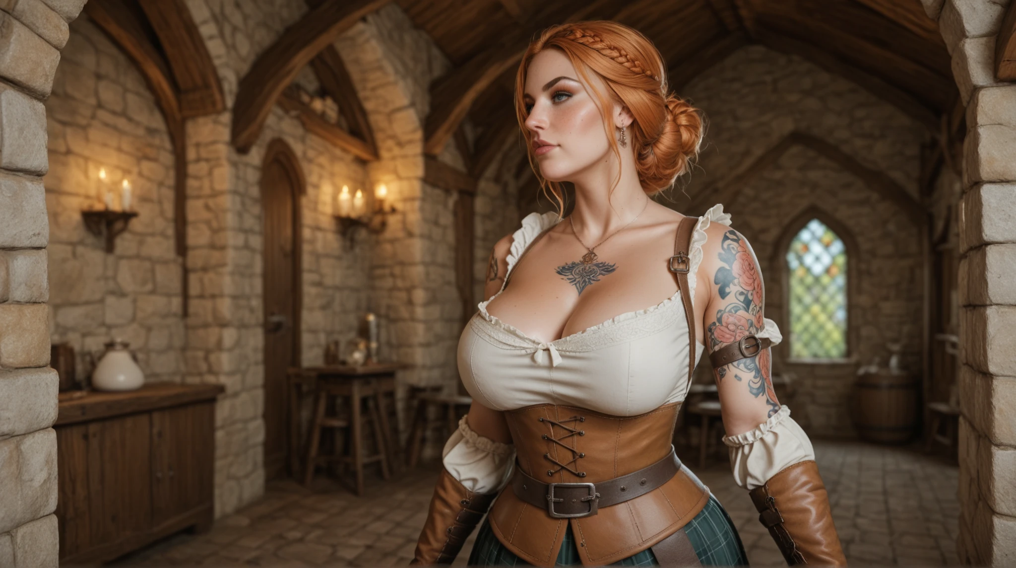 (8K, RAW photos, best quality, masterpiece:1.2), (Practical, photo-Practical:1.4), (extremely detailed CG unity 8K wallpaper), whole body (rogue:1.1) Women wearing gold jewelry (Leather Armor:1.3), Stitching the worn-out armor, (Extremely detailed:1.5), Gold and (White:1.5), concept art portrait of greg rutkowski, Artistic Germ, Super Fine、Intricate Gothic Art Trending on Artstation, Amazing, Intricate details, (Small blue highlights:1), (Red hair, curls, High Ponytail: 1.4)