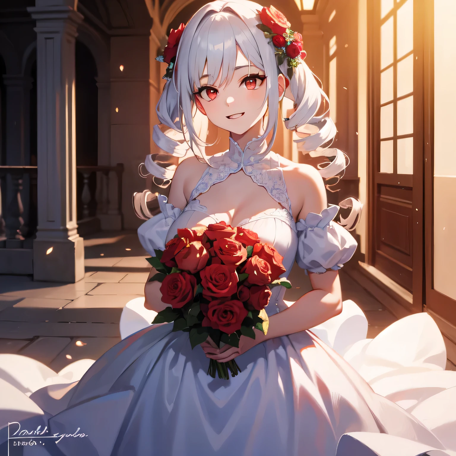 A breathtakingly beautiful 20-year-old woman stands in the courtyard of a luxurious mansion beneath a clear blue sky. She wears a white and blue wedding dress, holding a red bouquet gracefully in front of her chest. Her radiant smile and joyful expression exude pure happiness. (Drill Hair: 1.5), White Hair, Long Hair, Pale Skin, (Red Eyes: 1.5), Twin Drills.