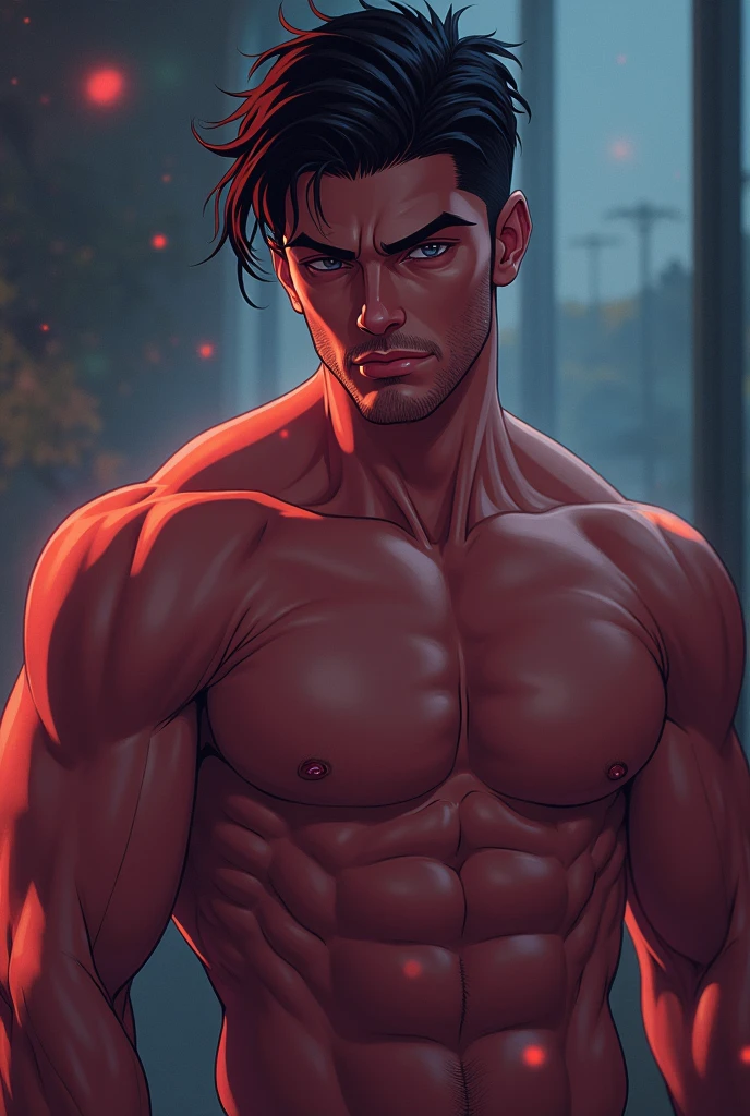 ((Upper body)) masterpiece, best quality red eyes, Game CG, 1boy adult male, (naked:1.2) Rough adult face, alone, male focus, looking at the audience, Upper body, (shirtless naked), toned muscles, chest muscles, 8 ABS, toned legs, naked, Slightly protruding, (fire:1.5) and Embers (particle effect:1.2), detailed, dynamic lighting, Sufficient lighting, (Fire on the skin:1.2), (Skin burns:1.2), (Eyes on fire:1.2) (Pink:1.5), (penis:1.2) ((looking from a distance)) ,Masculine shape, Manliness, dynamic poses, Dynamic angle, The image is clear and sharp,