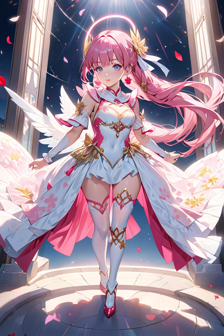 (masterpiece, best quality, detailed), 1girl, solo, full body design, looking at the sky
ElfGirl, reddish orange medium hair, left hair pigtail tied with two flowers, light blue eyes, serious and imponent, closed mouth, lightblue flower at side of hair, huge breasts,
Clothes: (pink combat uniform, white gloves, pink pantyhose, pink shoulder pads, pink long boots, pink steel knee pads, pink steel elbow pads, silver tiara up her head around the hair), (holding with her left hand a long steel silver spear)
Background: viking styled city street, sunny morning