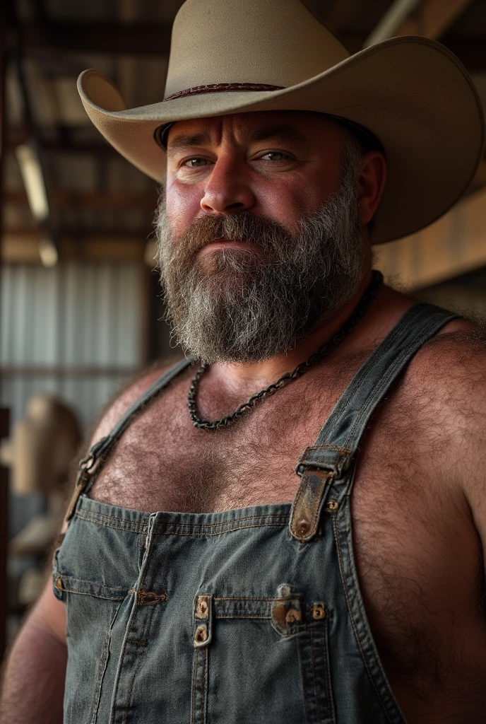 Chubby cowboy with big fat belly, standing shirtless in a barn full of hay, wearing blue jeans and cowboy boots. (( In the style of Adrian Ghenie, Esao Adrews, Jenny Saville, Edward Hopper, surrealism, Dark Art par James Jean, Takato Yamato, Minimalism inkpunk))