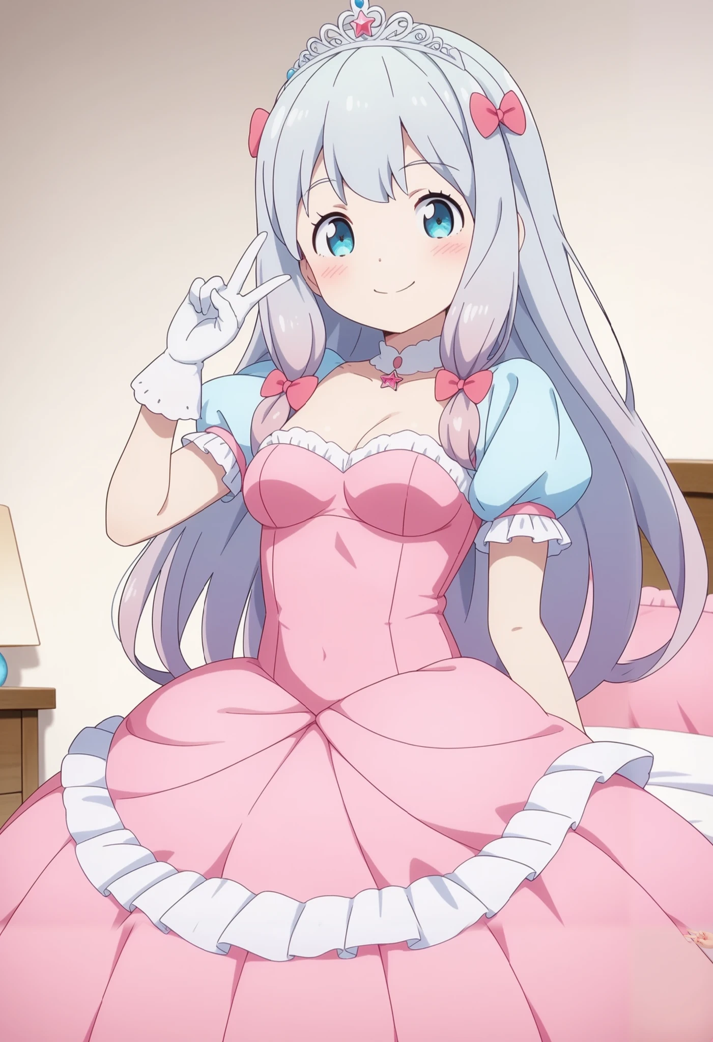 1girl, solo, izumi sagiri, long hair, grey hair, bow, blush, hair bow, anime coloring, (medium breasts:1.2), {{{smile}}}, {{{solo}}}, (masterpiece:1.2), (best quality:1.2), (high quality:1.2), (accurate), {{{princess costume}}}, {{{{{puff sleeve}}}}}, {{{princess}}}, {{{frilled dress}}}, {{{cinderella (cosplay)}}}, {{{short sleeves}}}, {{{cinderella}}}, star princess, {{{pink dress}}}, {{{tiara}}}, {{{}}}, blue puff sleeve, {{{peace sign}}}, princess gloves, white princess gloves, short sleeves, long skirt, (((beautiful finger))), 