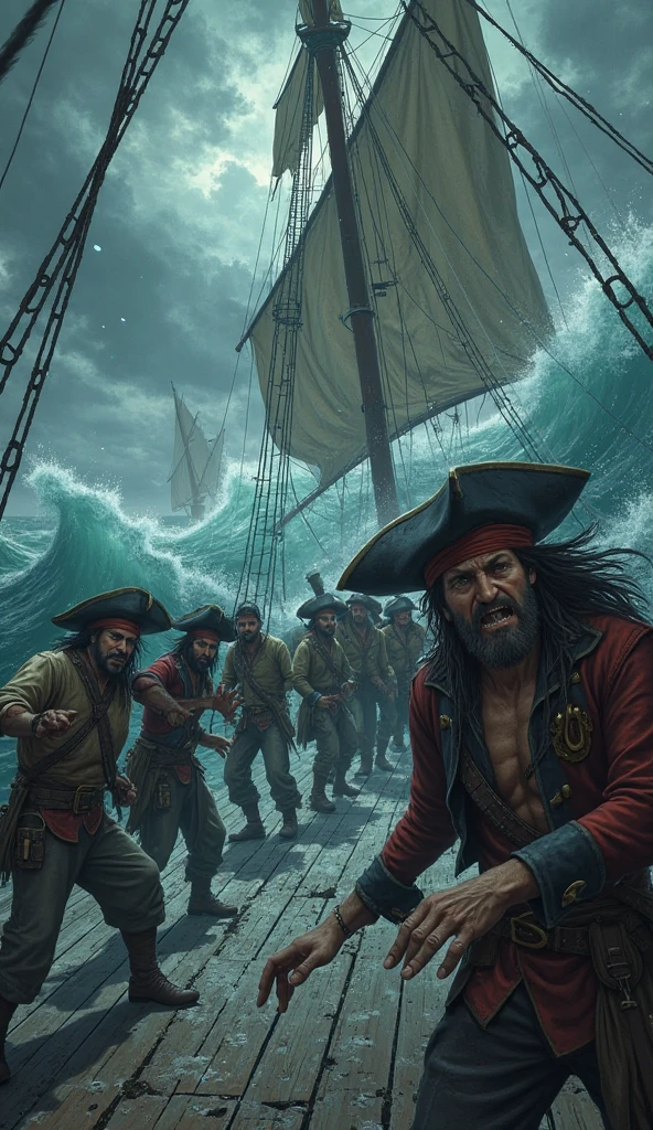 Draw me a dark picture where pirates throw a Nazi overboard. The whole thing in dark comic style