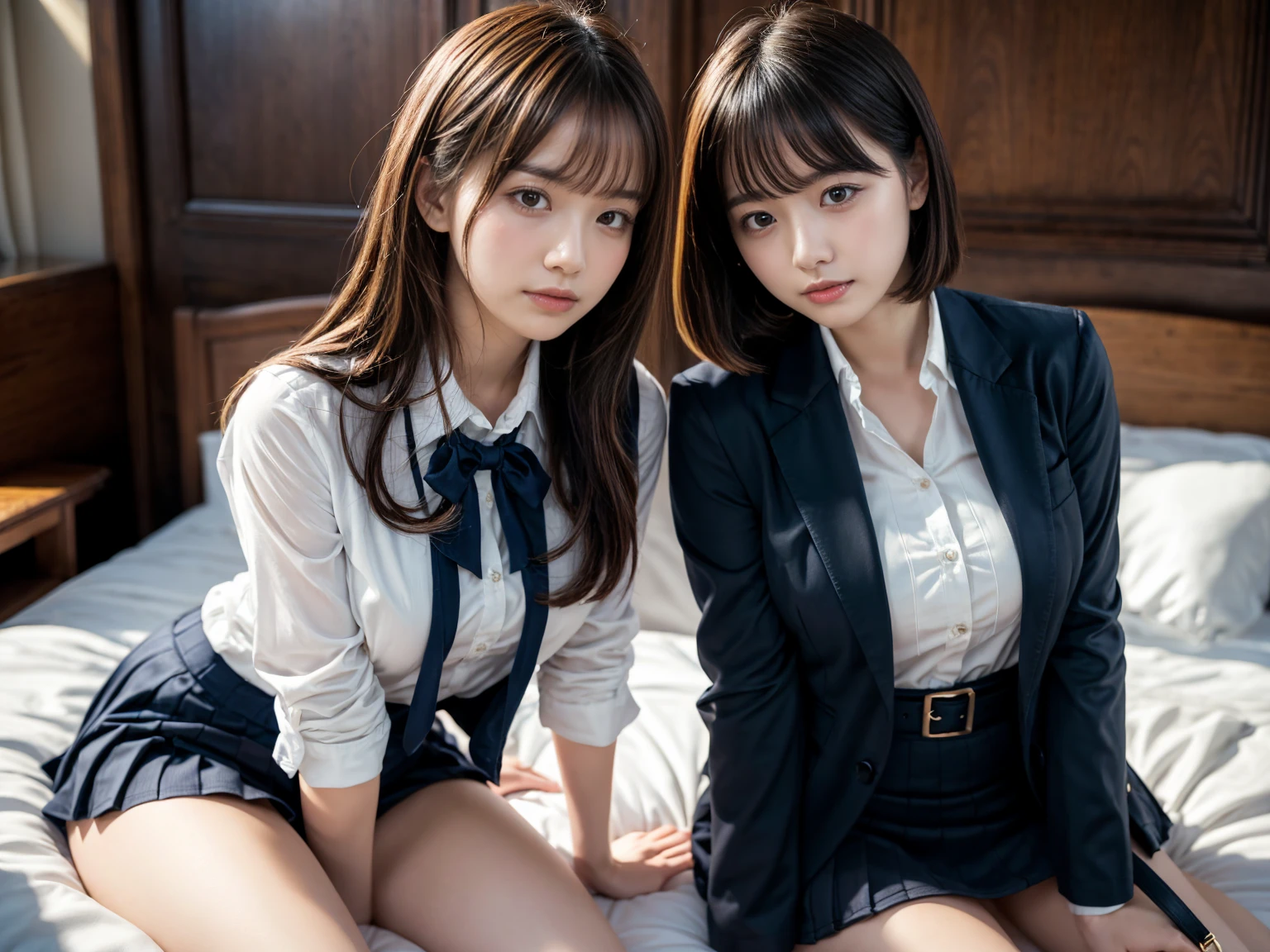missionary position vaginal sex,(((having vaginal sex))), (((two girls))),delicate and cute girls with brown hair,((office workers)),、16years、Super8K Ultra High Definition、Delicate texture、 Medium Hair、flat chest、(((navy mini skirt)))、(((Wear a navy formal jacket over a collared shirt)))、high socks、navy colored socks,Plain clothes,spreading her legs,exposed panties,nsfw,middle breast,classroom,lying down on the desk,spreading legs open wide with knees bent,creating the shape of the letter M,(((detailed race white panties))),Two 16 year old girls hugging、The lower part of the chest is emphasized and exposed..、The breasts are wet with milk、、zoom、Glowing Skin 5.your breasts will grow、Realistically(((.two s lying in bed)))、(((two 14-year-old girlr'Chest seen from behind)))、(Hold me close to your heart)、your breasts will grow、Wear a T-shirt.Wearing pink panties、(two Striking a sexy pose)、Bedroom