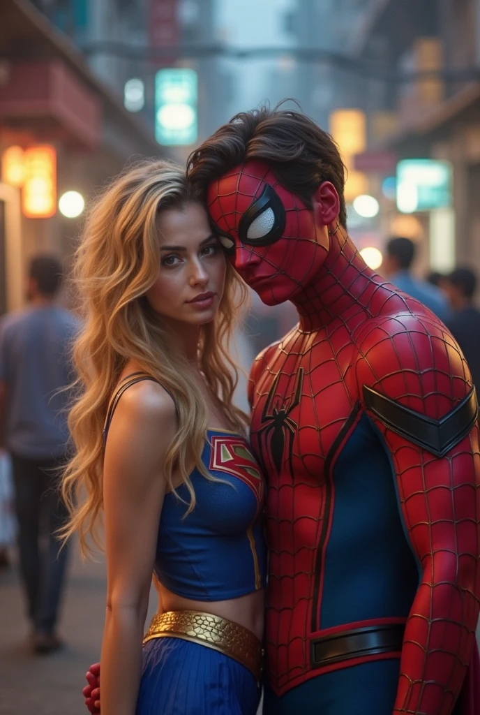 Spider-Man with with Shakira looking at camera