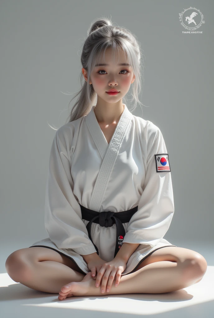 (realistic on the hand, high resolution, Detailed body, Detailed Hands , Detailed Hands 가락, 8k), Beautiful girl with ponytail hair, silver hair on the floor, silver eyes, Sitting on the floor wearing a taekwondo uniform, ( full body shot), (Beautiful smile)