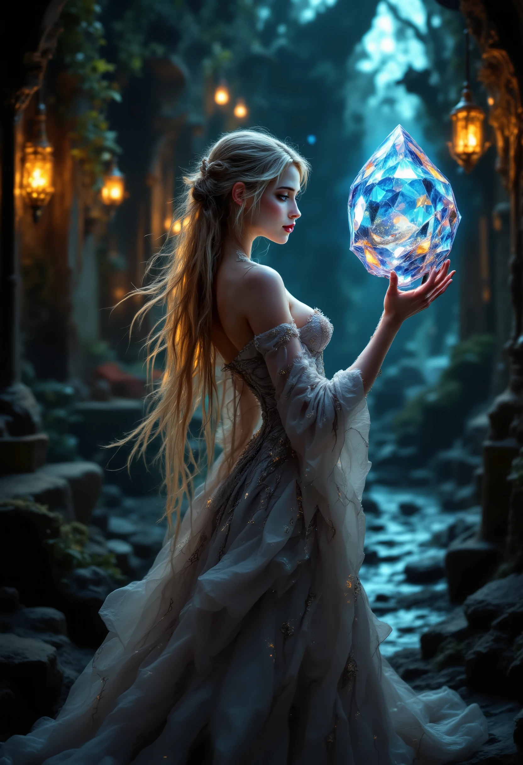 hot, Charming, Girl, prize with long hair, Beautiful Anatomy in a Long Ballroom Dress with square patterns, Looks Very Great with her Gorgeous Shapes, The corset complements and refines her Figure, is sexy, in her hand holds a beautiful Crystal Stone in which she finds magic diamond-shaped sand, magic, A beautiful detailed picture, Masterpiece , 8 k, maximum quality, intricate details, best quality, ultra quality, fantasy style, Fantasy, Lots of Details , Mysticism,
