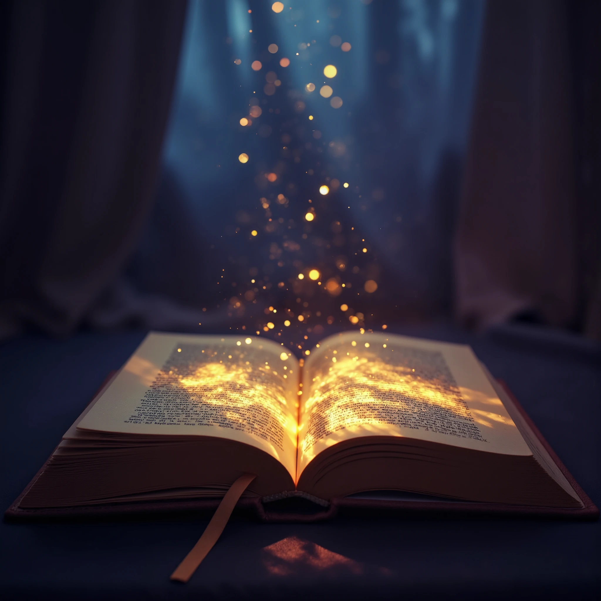 music jacket photo, illustration style, An open ancient book glowing softly, golden light particles rising from its pages, swirling like fireflies, dreamlike atmosphere, warm and soft lighting, deep blue and purple gradient background, ethereal and poetic, cinematic composition, magical realism, highly detailed, fantasy art, volumetric lighting, atmospheric depth, gentle sparkles floating in the air, mysterious and nostalgic, real illustration