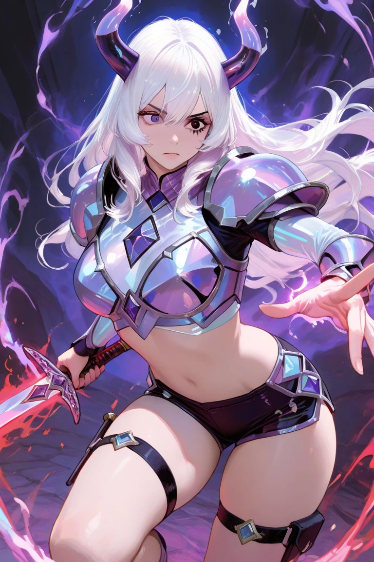 （（（highest quality、first-clasasterpiece、Normal body、8k、Detailed face、Ultra-precision、Normal hand、Normal finger、５Finger、）））Brightly colored hair、Silver-turquoise hair、Short Hair、Shortcuts、Sleeping habit head、Unshaven Head、Small breasts、Beautiful body、Brave、Brave Princess Knight、A sad expression、A look of amusement、Moist eyes、Legendary Sword、Sword of Light、Dragon Sword、Sword and magic circle、Magic Sword、The Great Magic of Light、huge magic circle、Shiny Tiara、Silver Breastplate、knight armor、Dress Armor、metalic armor、Armor Skirt、Silver Leotard、Navel-baring leotard、Green belt、Silver Half Cloak、Evil Eye、Blue and scarlet odd eyes、Magic circle pattern on eyes、Demon King's Castle、Evil Cave、Swinging a Sword、Sweep with a sword、In combat、Heart mark on uterus、Heart pattern on abdomen、Heart tattoo on belly、Heart mark on navel、The Cursed Princess Knight、The Curse of Passion、Princess Knight Under a Spell、Princess Knight Trapped in a Spell、Chains in both hands、Caught in chainysterious World、Pink in the Brain、Walking Obscenity、Lewd temperament、Masochistic temperament、Sexual arousal、Always in heat、defeat wish、training desire、Obscene delusions、Whole body erogenous zone、Sweaty and in heat、Heavy breathing、White Breath、My eyes are hurting