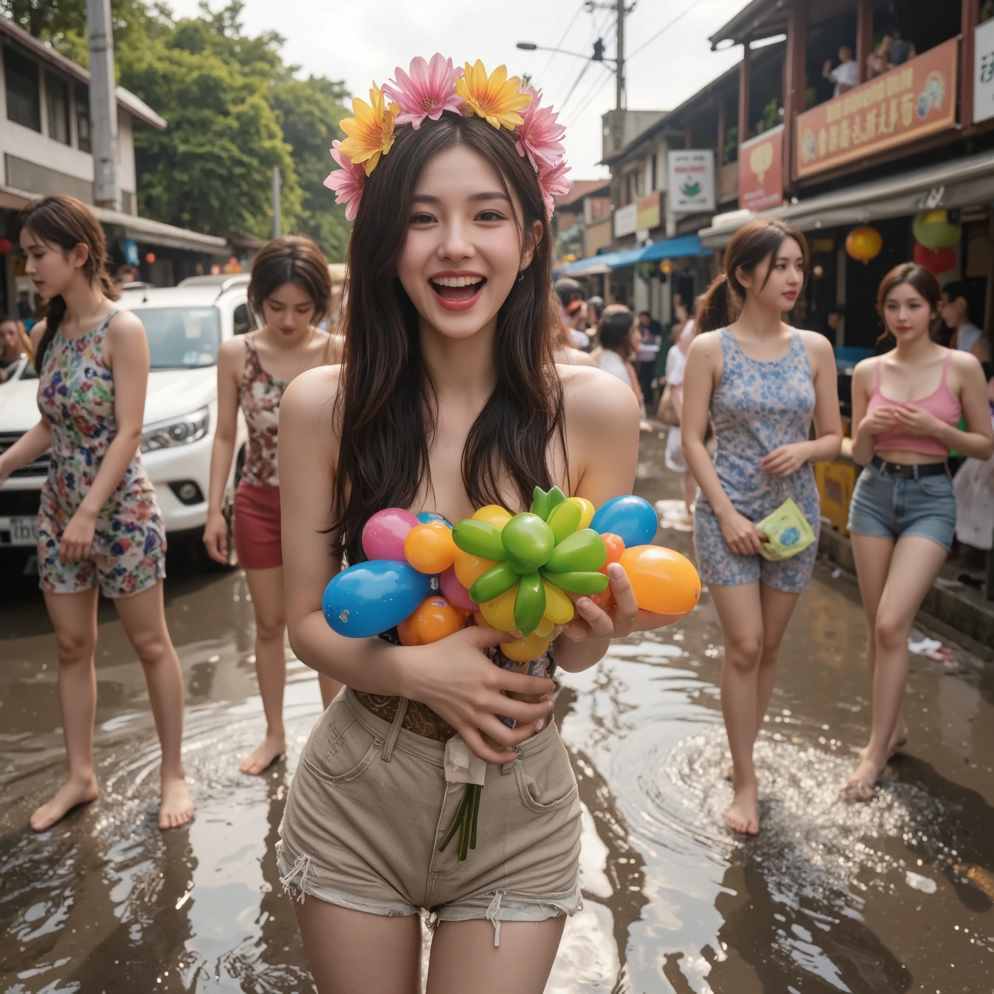 "A vibrant Songkran Festival scene in Thailand, with a beautiful, smiling Thai woman holding a water gun , wearing SHORTS AND SLEEVELESS SHIRT, WITH A FLOWER CROWN, drenched in water. She stands amidst a joyful crowd, splashing and celebrating with colorful water-filled balloons and decorations. The woman is laughing with excitement, her hair wet from the splashing, and water droplets glisten as they fall from her. The background features traditional Songkran elements like water trucks, street festivities, and people having fun in the lively atmosphere."