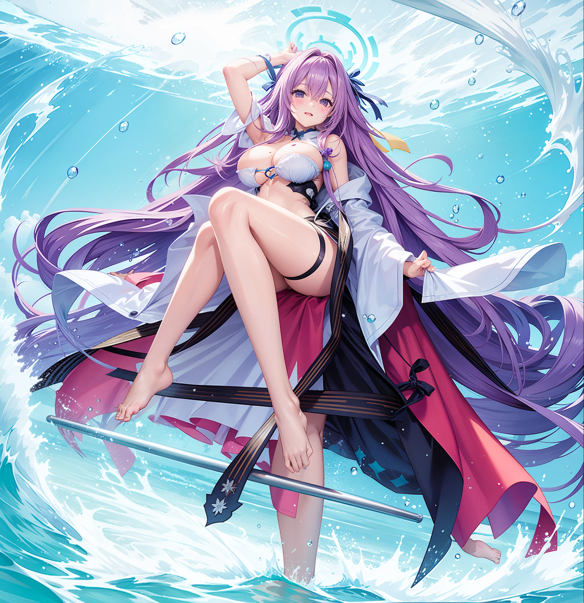 wife, Big Breasts ,exposed, long hair,Small belly,Big thighs ,Water Drops。Aho,bath towel,Purple,barefoot,Rainbow Hair,