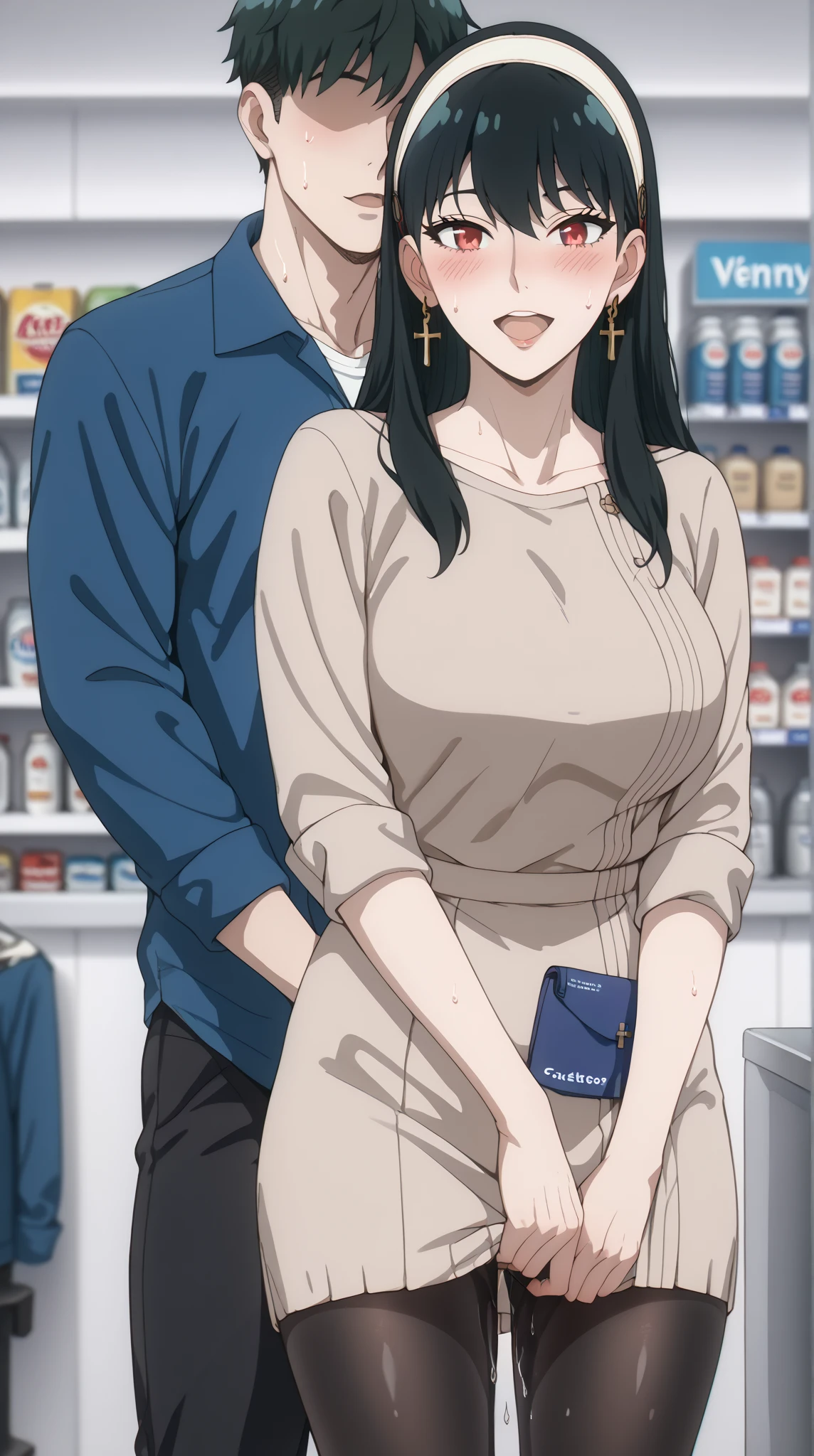 (masterpiece:1.37), best quality, (extremely detailed:1.37), (1girl:1.5), woman, (mature:1.5), (adult:1.5), large breasts, very long hair, (straight hair:1.5), (very dark purple hair:1.5), purple eyes, (extremely detailed eyes:1.37), sweater, scarf, jeans, desperation, (wetting self:1.5), standing, embarrassed, humiliation, blushing, gas station, snowing, street, golden hour