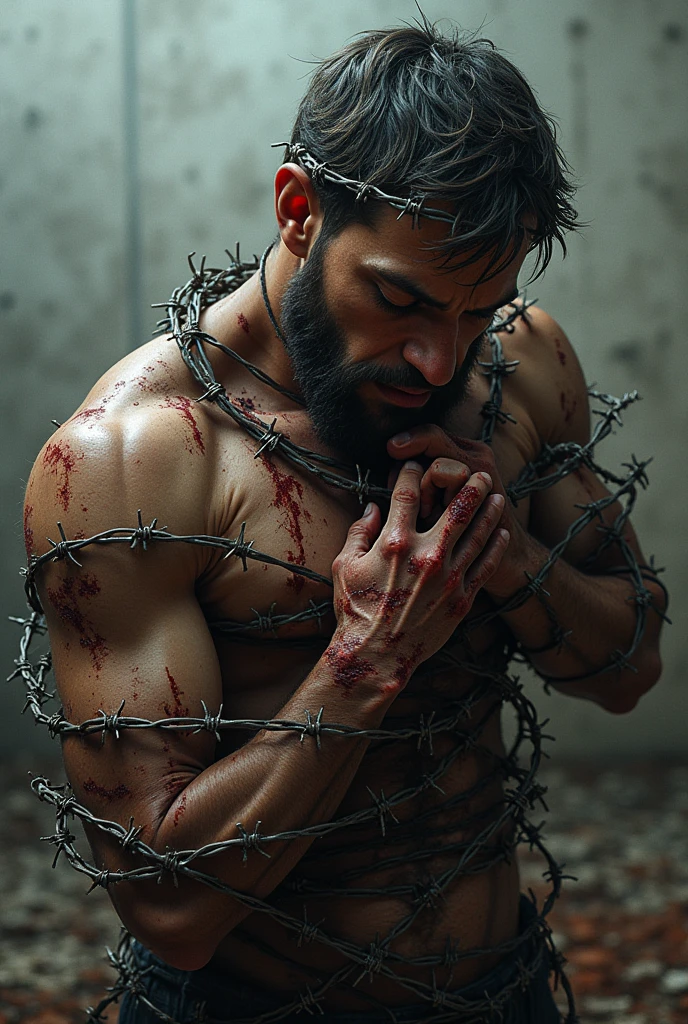 Human chained in a cross; front view, face full of rage and looking to us; beautiful man; caravaggio oil painting; realism; mid lenght hair; background with a lot of detail; inferior half body destroyed  without legs; and blood; show hands 