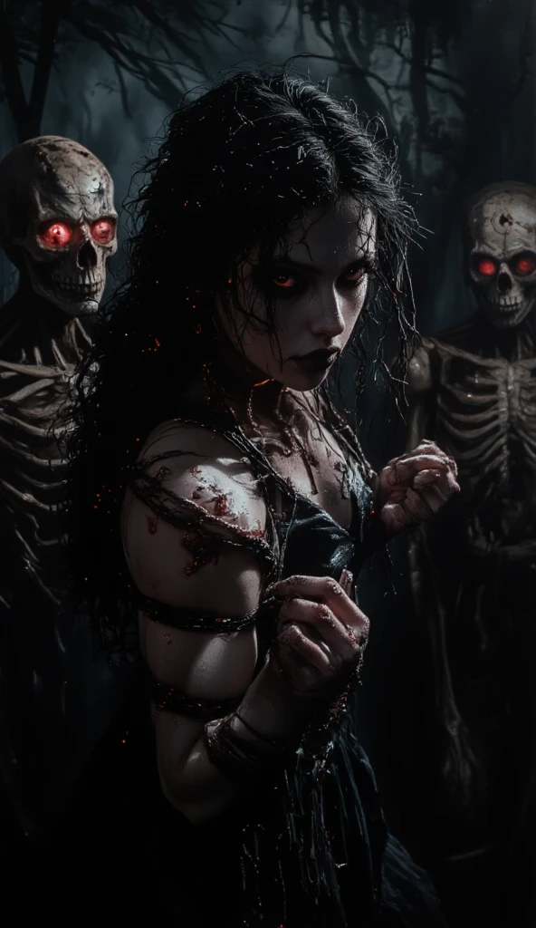 Fine matte painting, skeleton dark angel big wings haunted castle on drawing table full of knives, horror, spookiness, scary, secret horror, tentacles, vines, eyes, uncanny valley effect teeth, limbs, animals, blood moon