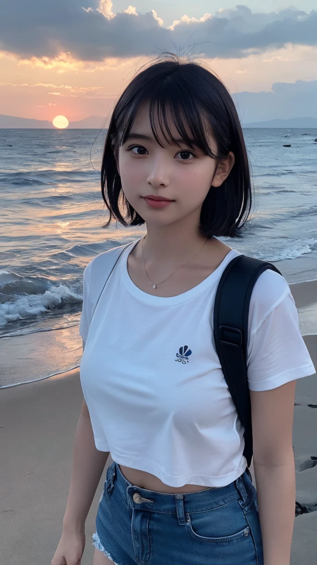 8K,Japanese,,Innocent face,Teenage Girlummer clothes,Casual wear,Sitting,Black Hair,Sandy Beach,coastline,Hair Clip,Night view,Starry Sky