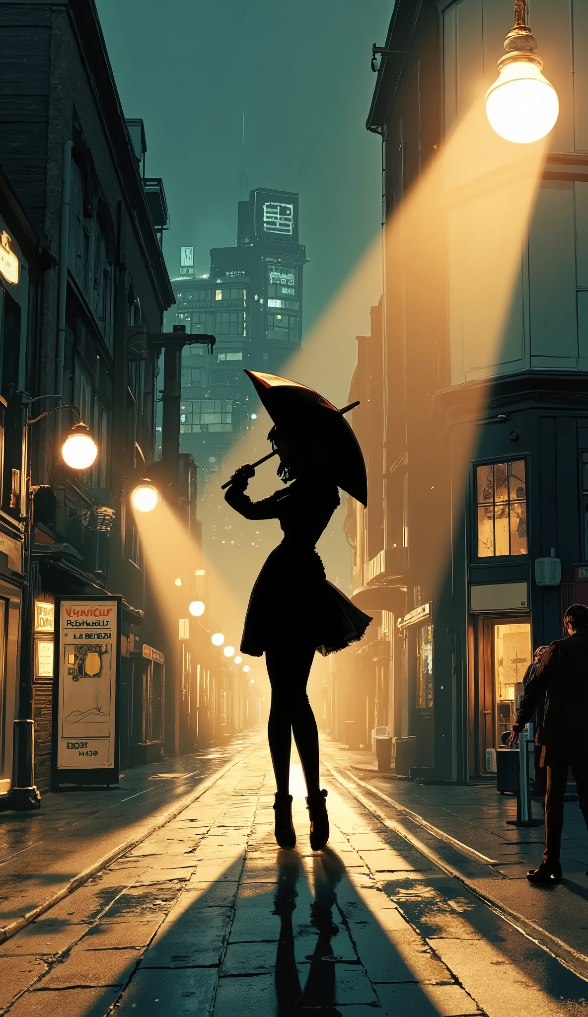 Dancing woman Silhouette with umbrella.. Long ponytail.. Silhouette of a woman dancing gloriously in the spotlight,Rain and street lights.Silhouette . Silhouette of woman.,Silhouette illustration. Backlit by a street lamp. An adult woman in a dress with an umbrella..Short boots,Dynamic and three-dimensional composition. Active angle.A night downtown、anime art,. Street lamp,, night. Contrast between light and shadow.dramatic portrait,rain,. Woman walking with umbrella. Drizzle.Depiction of rain. Foggy..colored skin, black skin, (black hair, silhouette), no eyes, faceless, no highlights,anime art. Contrast between light and shadow.