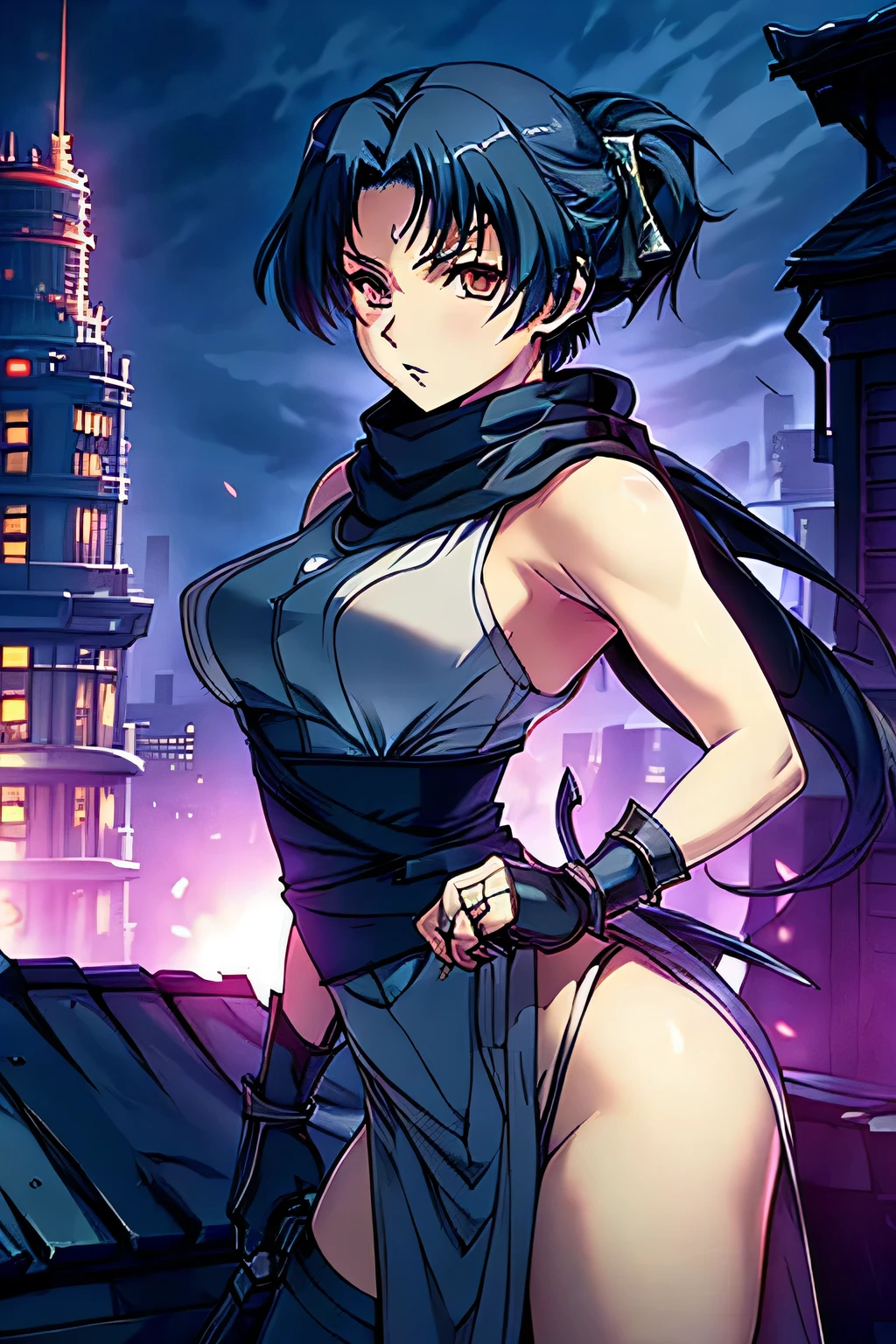 ninja, female, mechanical, heavy metal, armor, darkness, wielding chained sickle, spikes, long red scarf, standing on top of a skyscraper, best quality, high resolution, 8k, dynamic lighting, rough texture, shadowing