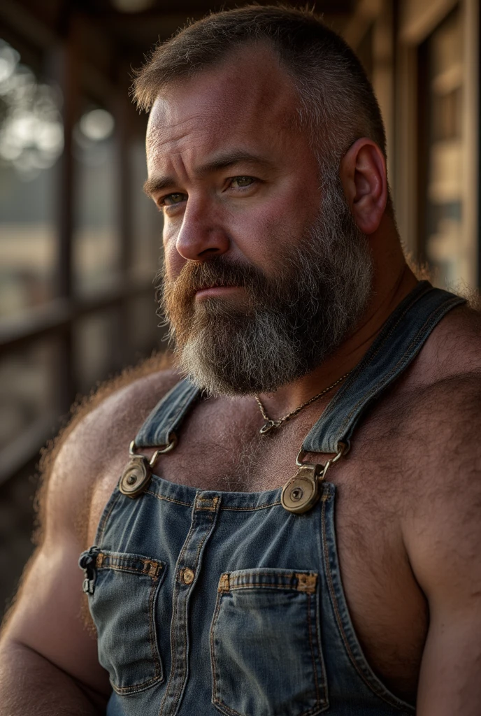 (photorealism:1.2), corpulent man, barb, fifty-something, short hair, police, sexy, shirtless