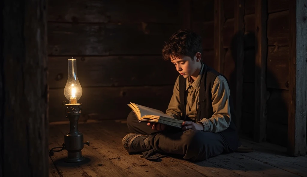 a curious young boy, sitting in the corner of an old gloomy house, intently reading an ancient leather-bound book, dust motes swirling in shafts of light, atmospheric lighting, moody and mysterious, intricate detail, masterpiece, 8k, photorealistic, cinematic lighting, dramatic shadows, warm color tones, ornate and aged interior, wooden furniture, cobwebs, vintage, highly detailed, hyper-realistic, award-winning photograph