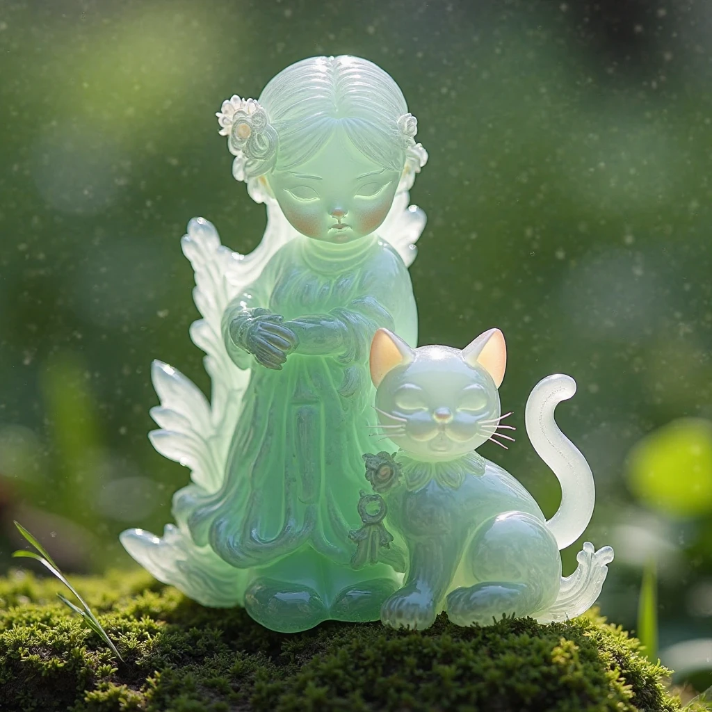 best quality, very good, 16K, ridiculous, Extremely detailed, charming(((Girls and cats:1.3))),Made of translucent jadeite, Background grassland((A masterpiece full of fantasy elements))), ((best quality)), ((Intricate details))(8K)