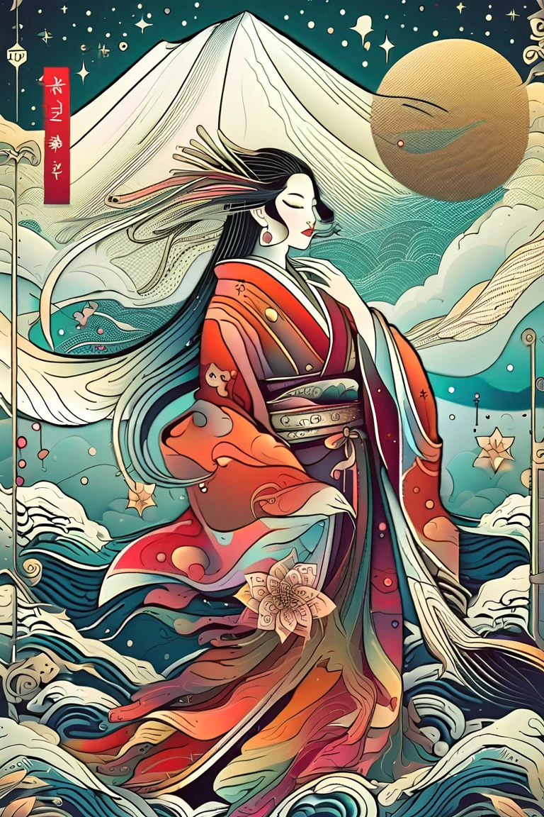 a clean t-shirt design of a woman megitsune facemask, planar vector, sunset, flat illustration, vibrant victor, colorful splashes, japanese wave, vector art, watercolor effect, digital painting, clean dark blue background, 16k