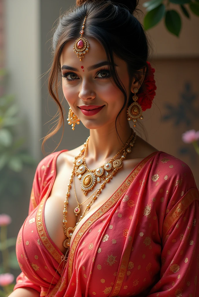 perfect pink eyes, fantastic face, Indian, beautiful look, ((red lips, bright eyes, curve heir 1.5)), ((beautiful details very big breast )), (Straight round and ultra huge clevage, not sagging breast), A glorious gorgeous, glorious gorgeous face, pretty face, bright eyes, detailed elegant printed red saree, updo elegant hair, blurred gray tones background, ultra focus, face ilumined, face detailed, 8k resolution, painted, dry brush, brush strokes, razumov style and garmash style, by Tokaito, ((Full Open ))
