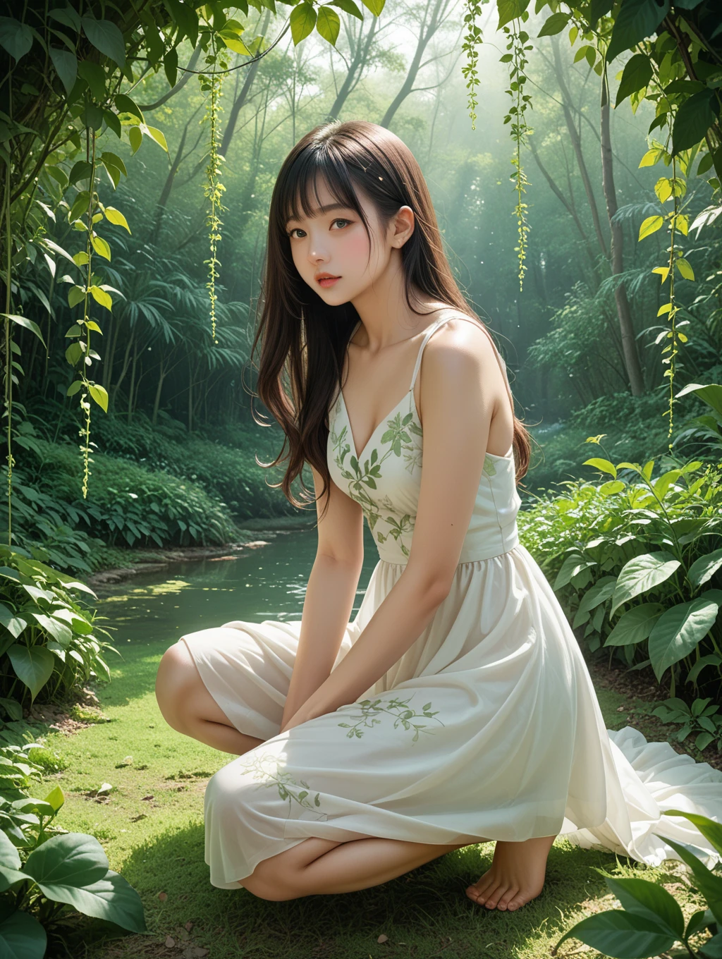 Wear long dresses, princess dress,formal dress,Small dresses,floral dress,elegant,Fairy,heavy dress,gauze skirt dress, puffy skirt, chiffon material,Puff sleeves,High neck,(knee shot), elegant,1 woman, On the face, light brown hair, blunt bangs, hair behind ears, Hair over the shoulders, long hair, Slender body type, Super thin face, face slimming, delicate lips, beautiful eyes, Thin blush, Eyes are light brown,Check it out here, (realistic:1.3), in the coniferous forest, One person's perspective, 8k, Super detailed, high quality, best quality, High resolution,(masterpiece))、(top quality)、8k、high detail、Super detailed,masterpiece、born、Intricate details and complex designs、Beautifully、magic、capricious、 Beautifully、Dream aesthetics、「𝓡𝓸𝓶𝓪𝓷𝓽𝓲𝓬、ethereal、charming、fickle、magic」、Realism、Visual effects、FXAA、SSAO、Shaders、voiceless、ambient lighting、Tone mapping、High resolution、Ultra high quality、Million pixels、(8k resolution:1.10)、8k、Below 8K、8k resolution、high detail、intricate details, (high quality:1.2、masterpiece:1.2、:1.21)、(3 female:1.21)、(Smile excitedly)、(full-body shot,Normal 2 feet,Put your hands behind you,The protrusion of the breast is visible when wearing clothes, Large Breasts, H cup chest, No breasts,high-neck dress