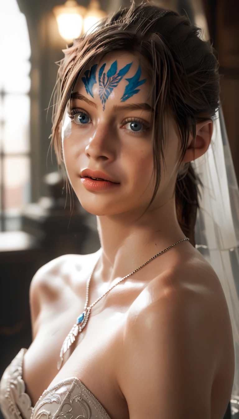 A girl daughter of Poseidon,ojos azules claros,pecas,slightly pale skin, chinese light brown hair, con espada y un escudo 