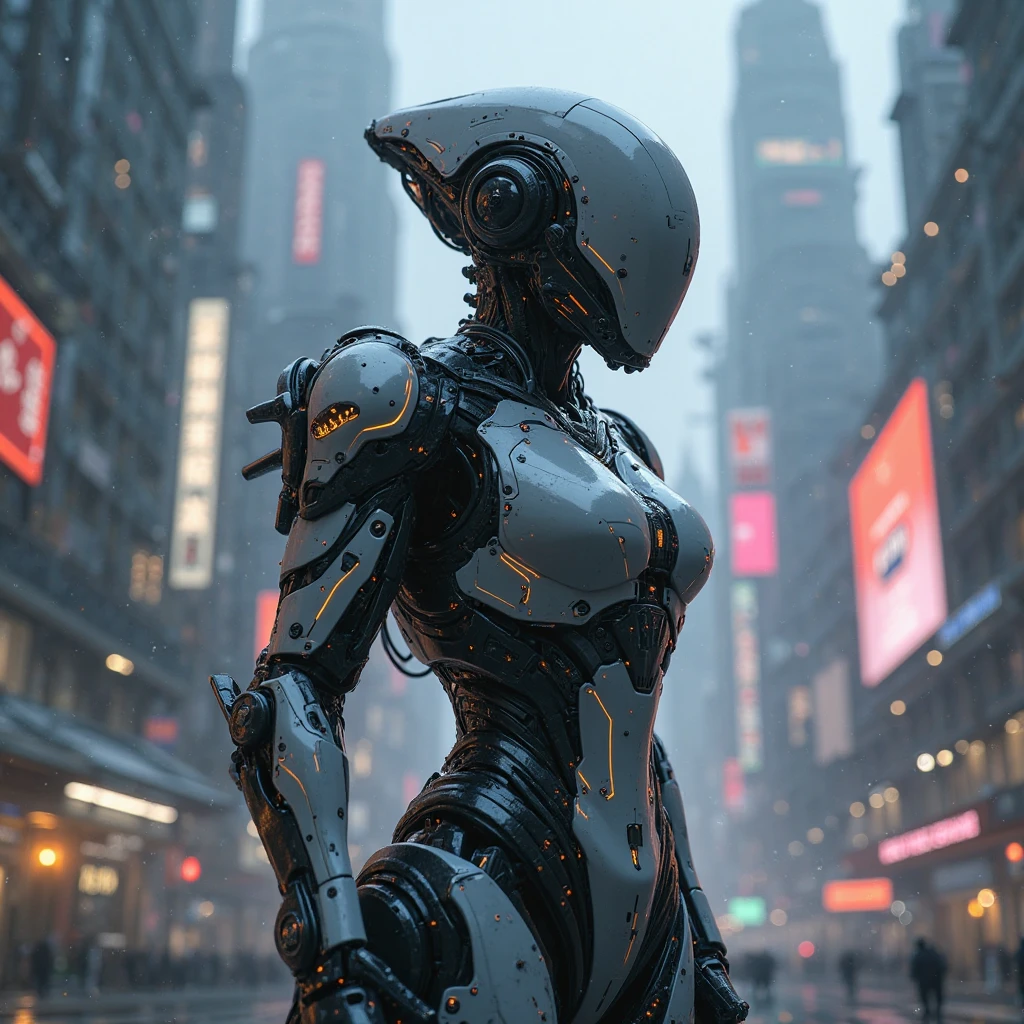 humanoid android,Cyberpunk with a delivery boy backpack in a futuristic city cyberpunk