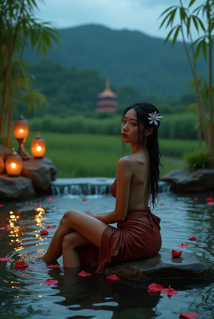 Night scene with some house Asian, Vietnam, Vietnam, ha giang, moon, lake in foreground, quiet night,Women,naked,legs apart,horny 