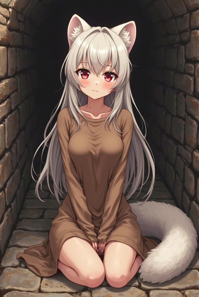 ultra-detailed, masterpiece, masterwork, high quality, best quality, hdr, (prison), posted on e621, (by hioshiru), nsfw, female, solo, (white little body dragon), hairy dragon, (long silver hair, yellow eyes, blush, sad, white chubby body), sitting, from below, dynamic angle, (nude, restrained, shackles), stain body, (little pee puddle)