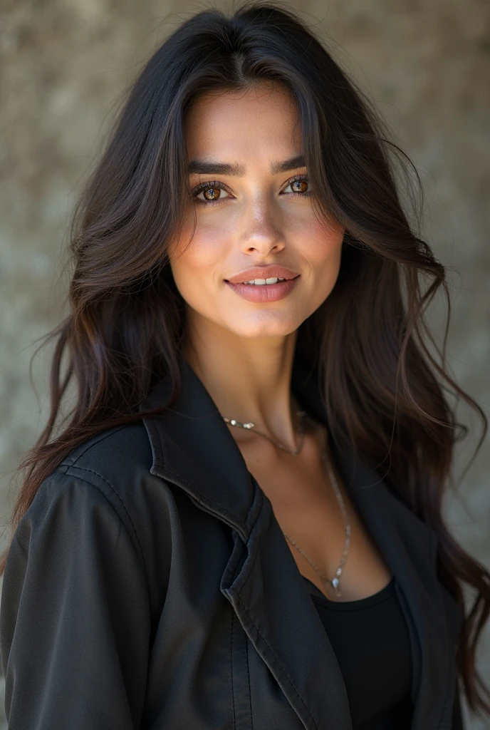 1 mulher adulta, cabelo comprido, cabelo cacheado, cabelo cor preto, pele suave, olhos castanhos, sorrir, heaven, vegetation, Occasional Simple Black Sweater, sorrir lindo realistc