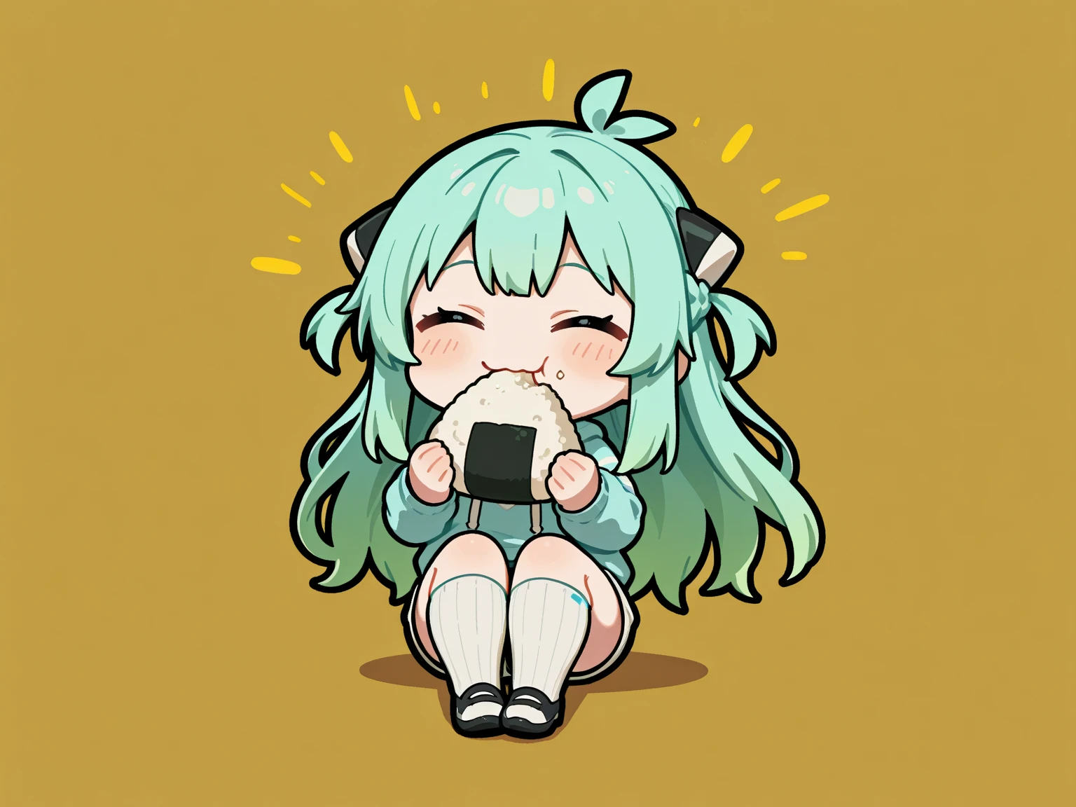 (sfw, masterpiece, best quality:1.2),(Alone),１girl:0.7\(french braid hair, light blue hair, long hair, fluffy hair, white skin, closed eyes, smile, no nose, small mouth, clothes\(light blue hoodie, white short pants, stripe light gray and white stripes knee high socks\), (Hair accessories\🍙\onigiri\Japanese rice ball), ((eating a big 🍙\onigiri\Japanese rice ball)), background\Many 🍙, cute illustration, style\Takehito Harada:1.5\HARATAKE