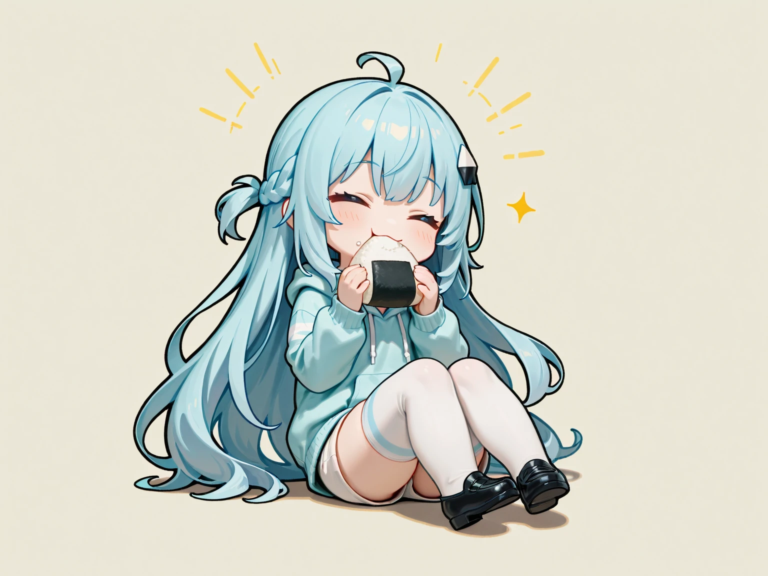 (sfw, masterpiece, best quality:1.2),(Alone),１girl:0.7\(french braid hair, light blue hair, long hair, fluffy hair, white skin, closed eyes, smile, no nose, small mouth, clothes\(light blue hoodie, white short pants, stripe light gray and white stripes knee high socks\), (Hair accessories\🍙\onigiri\Japanese rice ball), ((eating a big 🍙\onigiri\Japanese rice ball)), background\Many 🍙, cute illustration, artist Takehito Harada:1.5\HARATAKE