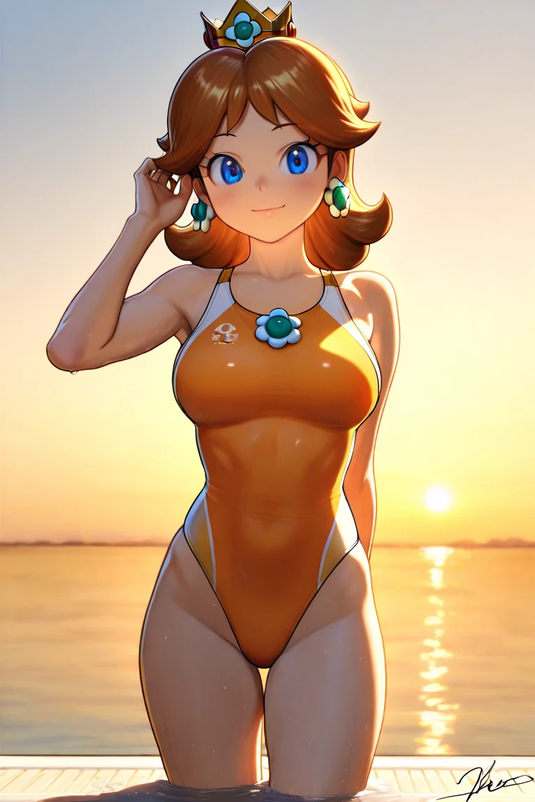 ((masterpiece)), ((best quality)), (detailed), perfect, solo, daisy, gorgeous woman with orange bikini, luscious lips, long hair, huge breast, deep cleavage, huge breasts, sexy,