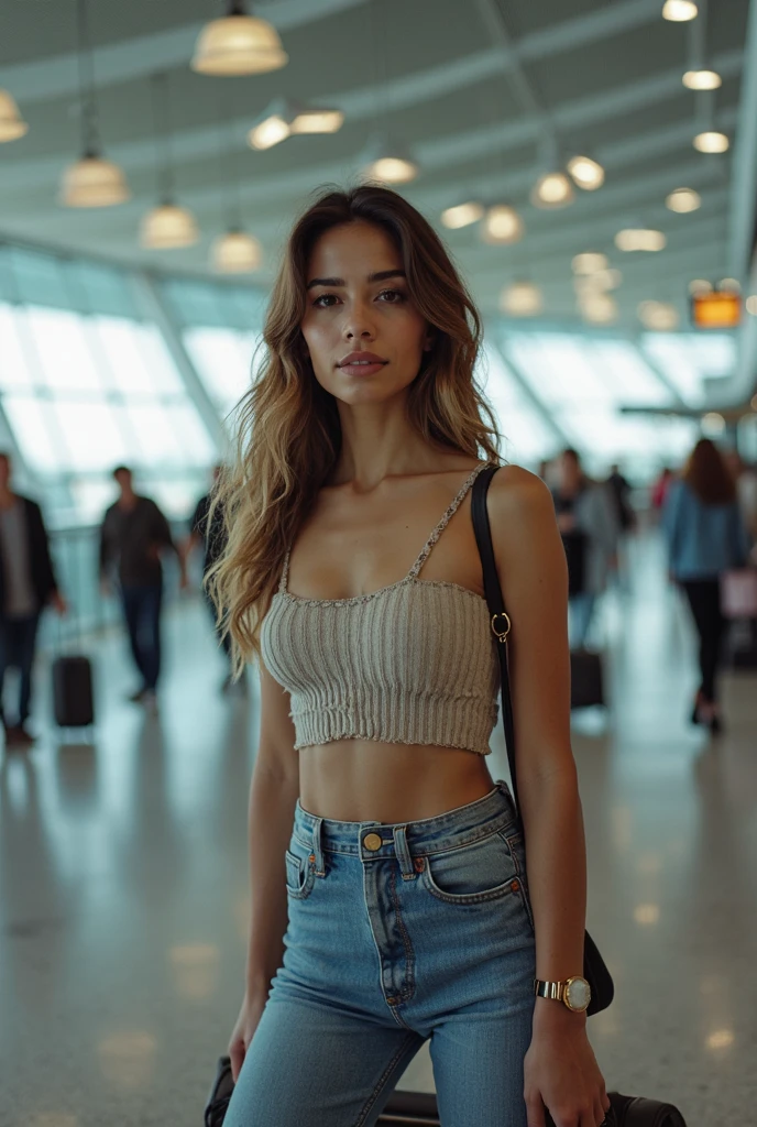A photorealistic portrait of a 21-year-old girl with long, flowing dark blonds hair and striking clear eyes, in a airport in las vegas walking with her pink luggage in the hand. She should have a natural, approachable expression and she need to have big chest and be illuminated by soft, golden-hour sunlight. The background should be a scenic outdoor setting, perhaps a sunlit park or beach. Capture this image with a high-resolution photograph using big angle to see all her body.