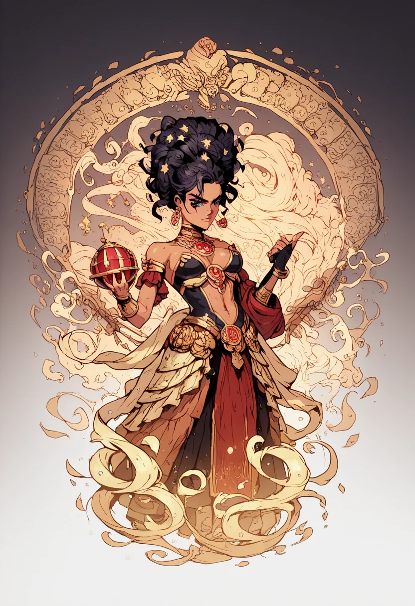 "Fool Card, a vibrant and energetic illustration featuring a sunny vibe, showcasing a confident and joyful lesbian character in a flowing dress, skillfully playing the trumpet as planets orbit in the background, with a book and tarot card adding a touch of mystery and intrigue."
