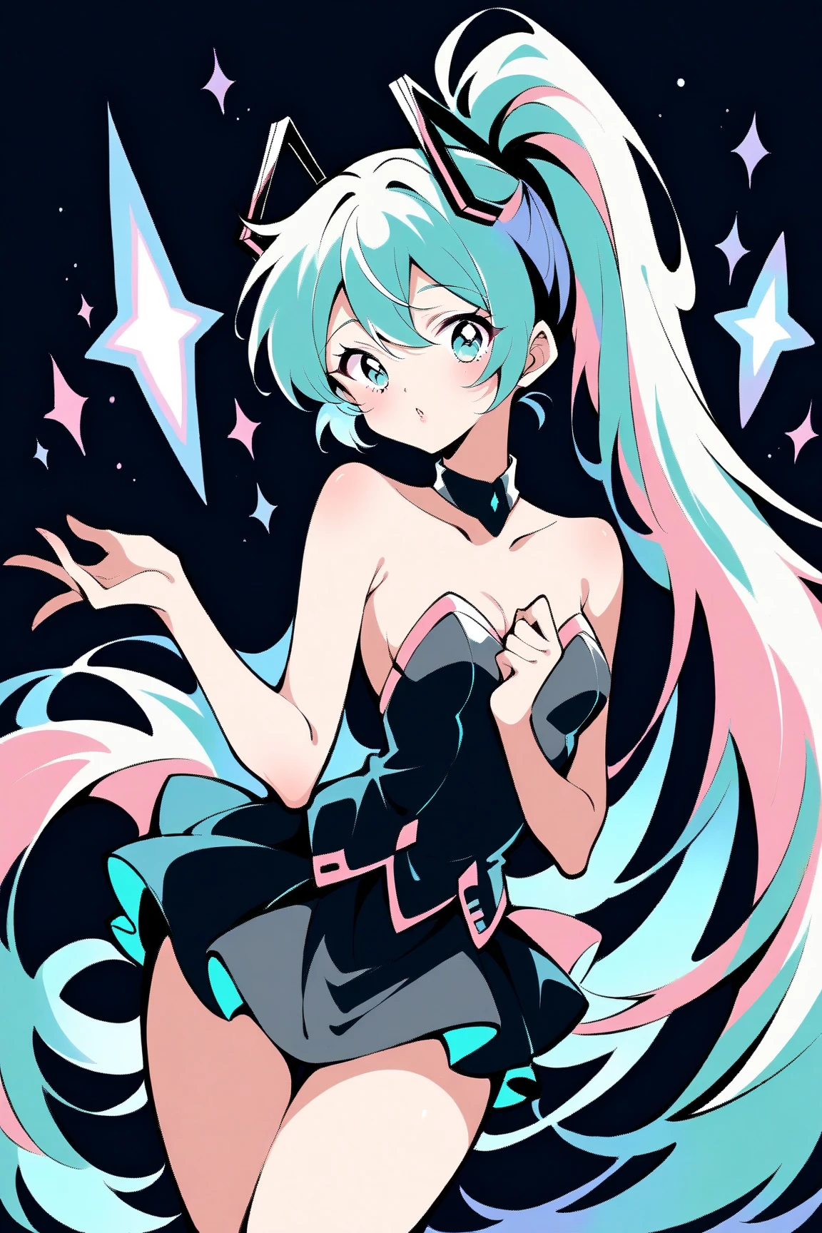 hatsune miku, 1girl, very sexy revealing bright outfit, cute mature smiling face, fishnets on legs and hands, hatsune miku, on dark japanese background, laced revealing shirt, pink stripped tight fitted skirt