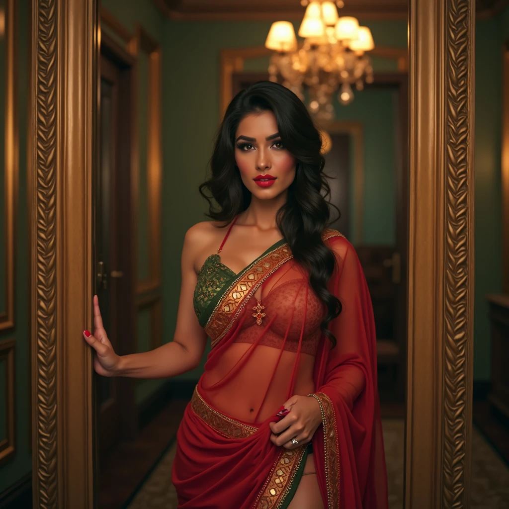 A healthy beautiful exotic erotic indian women, fair skin, extra-large tight healthy breasts, hour-glass body shape, perfect body, wearing royal super delicate tight silk velvet red saree, 8k, hyper-realistic, masterpiece
