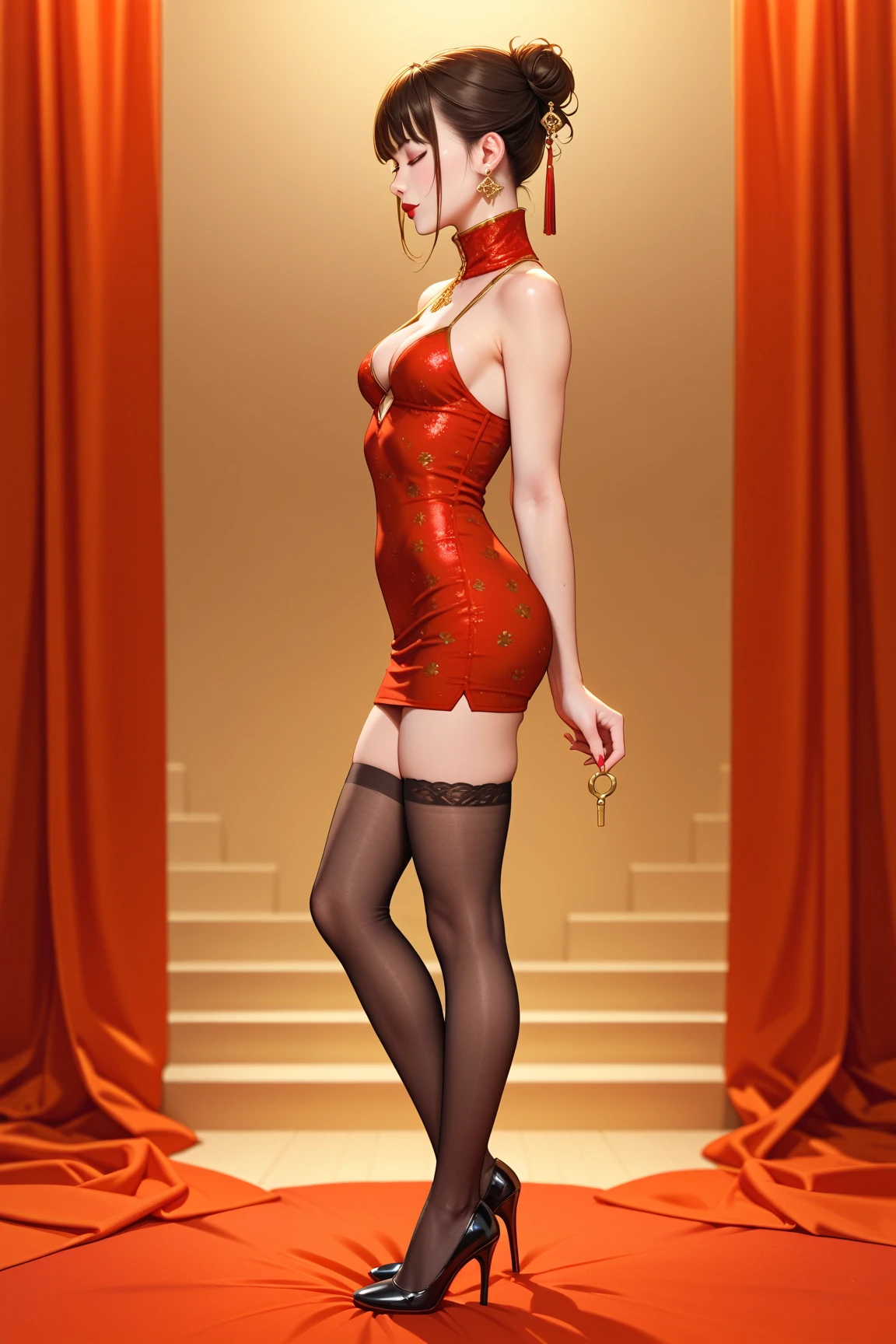 Emma Watson, linda, asymmetrical face, eyes browns, red short hair, red lipgloss stick, goth makeup, in a red mini dress, Stockings sexy, breasts big, big-ass, Legs on display, ultra detailed skin, tattoo on the left forearm, Showing the feet, wearing a high-heeled shoe, looking-into-camera, masterpiece best quality, photo realist, detailded, 8K, HDR, sharp focus.