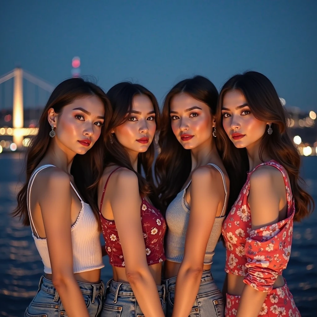 3girls women nautical wear sweater slacks at the bar lounge luxury yacht carribean ocean night time (masterpiece:1.2) (photorealistic:1.2) (bokeh) (best quality) (deck party) (intricate details) (8k) (HDR) (analog film) (canon d5) (cinematic lighting) (sharp focus)