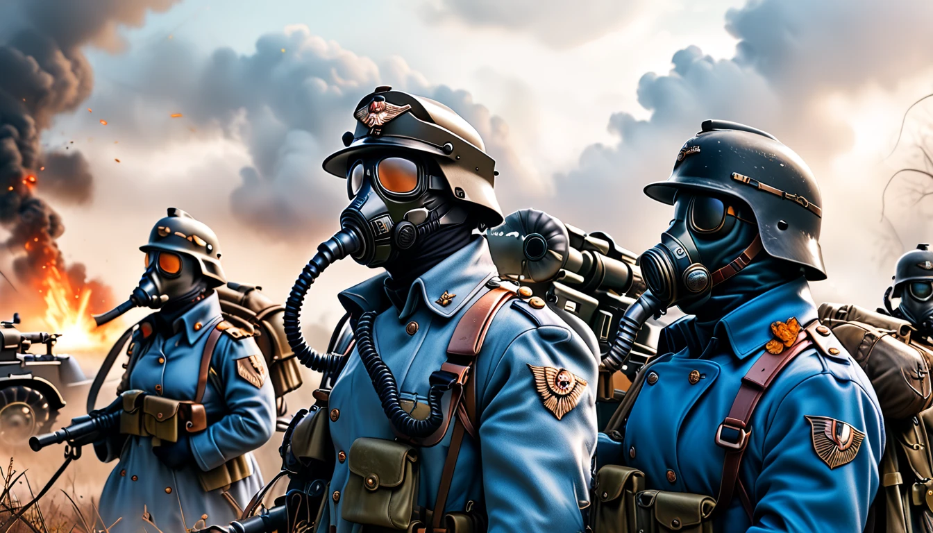An army in formation, There are more than 20,000 soldados, Ele usa um manto verde, and wear a gas mask, e seguram um fuzil futurista, realista, 8k