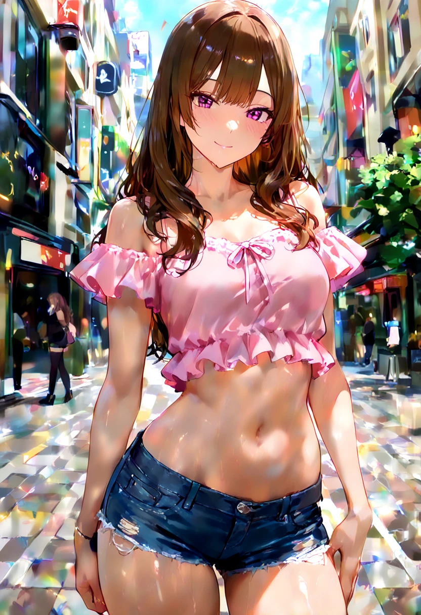 Browsing Caution,'(masterpiece, Highest quality, Very detailed, 8k wallpaper, Realistic), 1 person, Curvaceous yet slender body,Realistic eyes、Anime Face、Blush with embarrassment、Lower , Colorful printed micro bikini top Nipple show, Fleece jacket, Low leg shorts, Knee socks, Bangles, choker, Twin tails, Backpack, street, Street lamp, Late Night